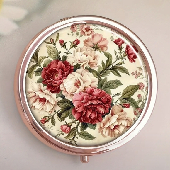 Vintage Floral Rose Gold Pill Box - Compact Travel Organizer - Picture 1 of 8